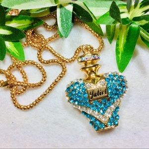 Summer Fun Whimsical Jeweled Blue Parfum Bottle 28” Long T-Shirt Necklace NWT
